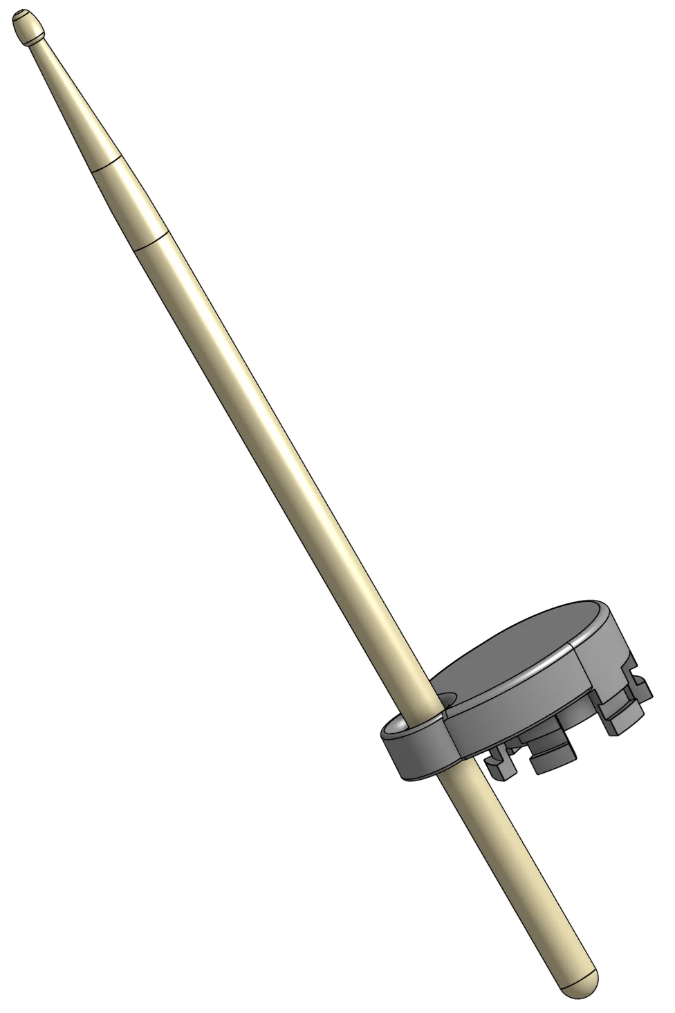 Attachments on the shared twist-lock base: the hook, the drumstick holder, and a representative flat attachment