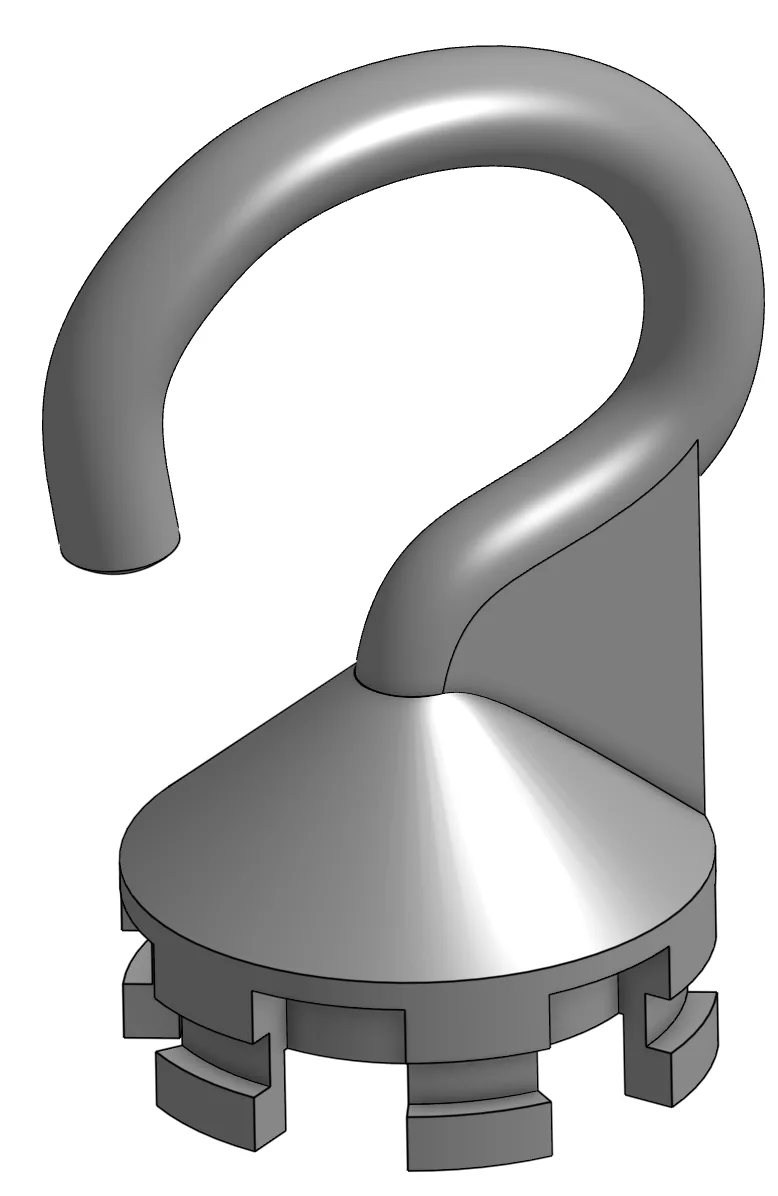 Attachments on the shared twist-lock base: the hook, the drumstick holder, and a representative flat attachment