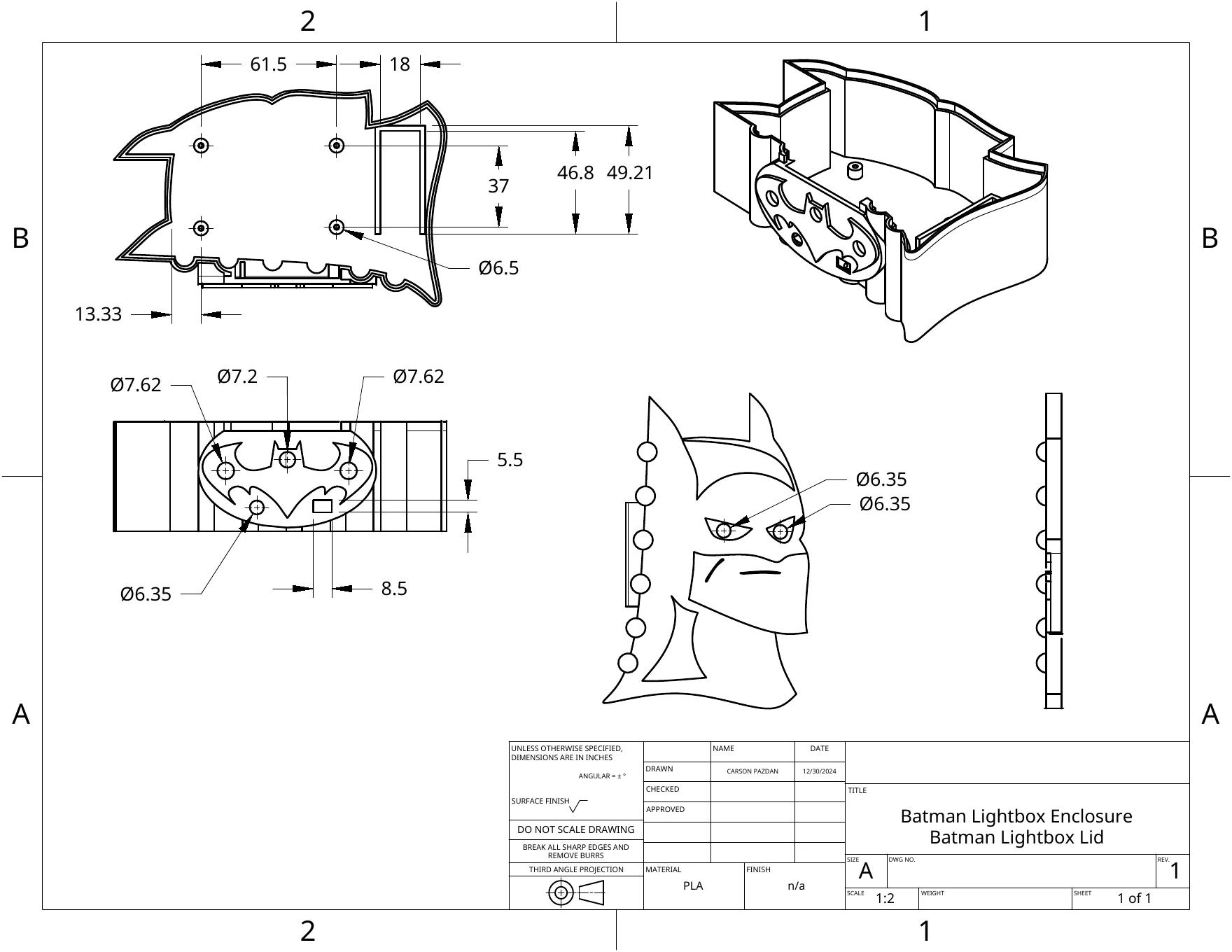 Enclosure and lid drawing (SolidWorks): PCB mounting holes, battery slot, and the utility-belt control openings