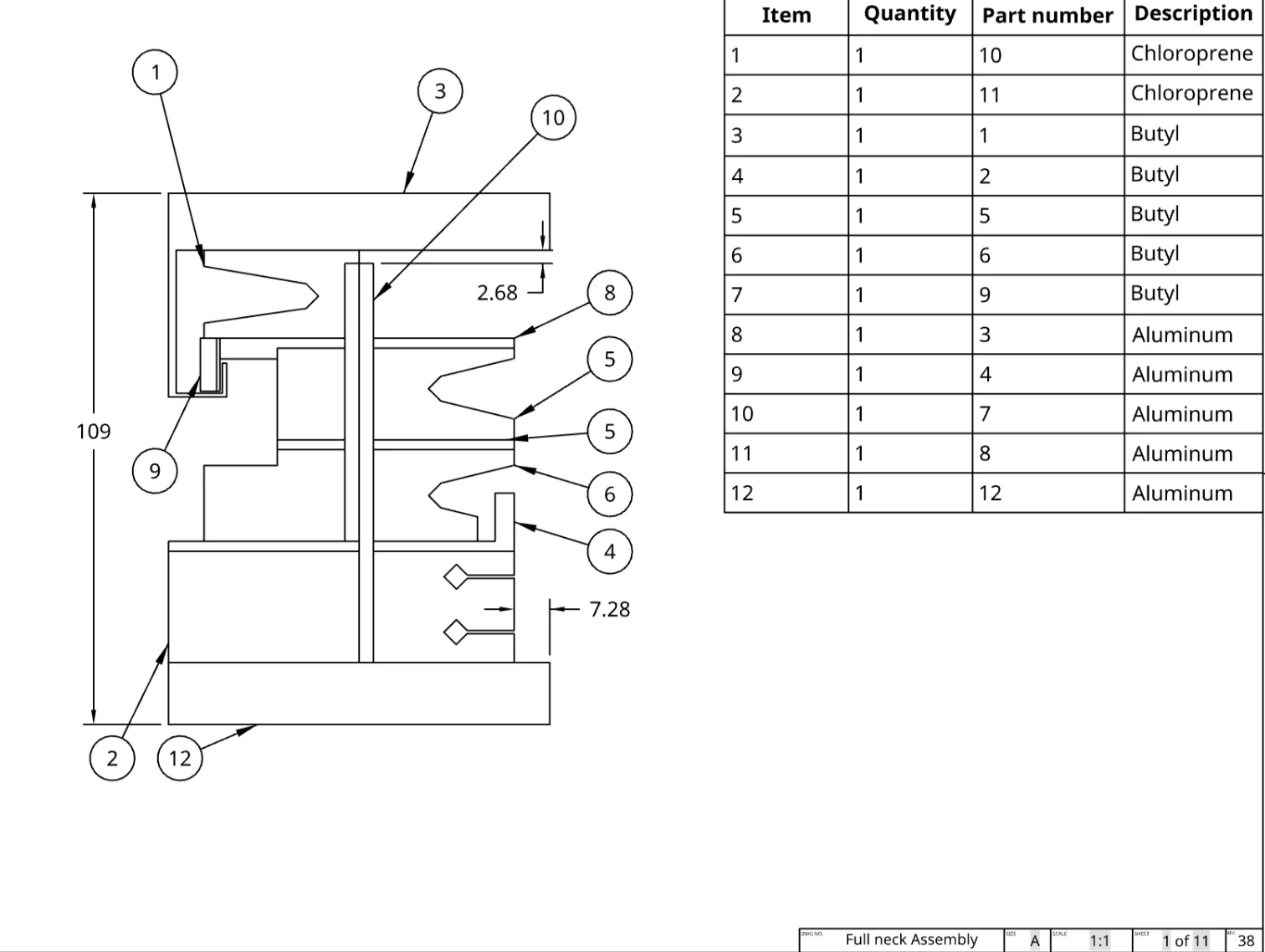 Final neck assembly (109 mm) with part and material callouts: chloroprene, butyl rubber, and aluminum