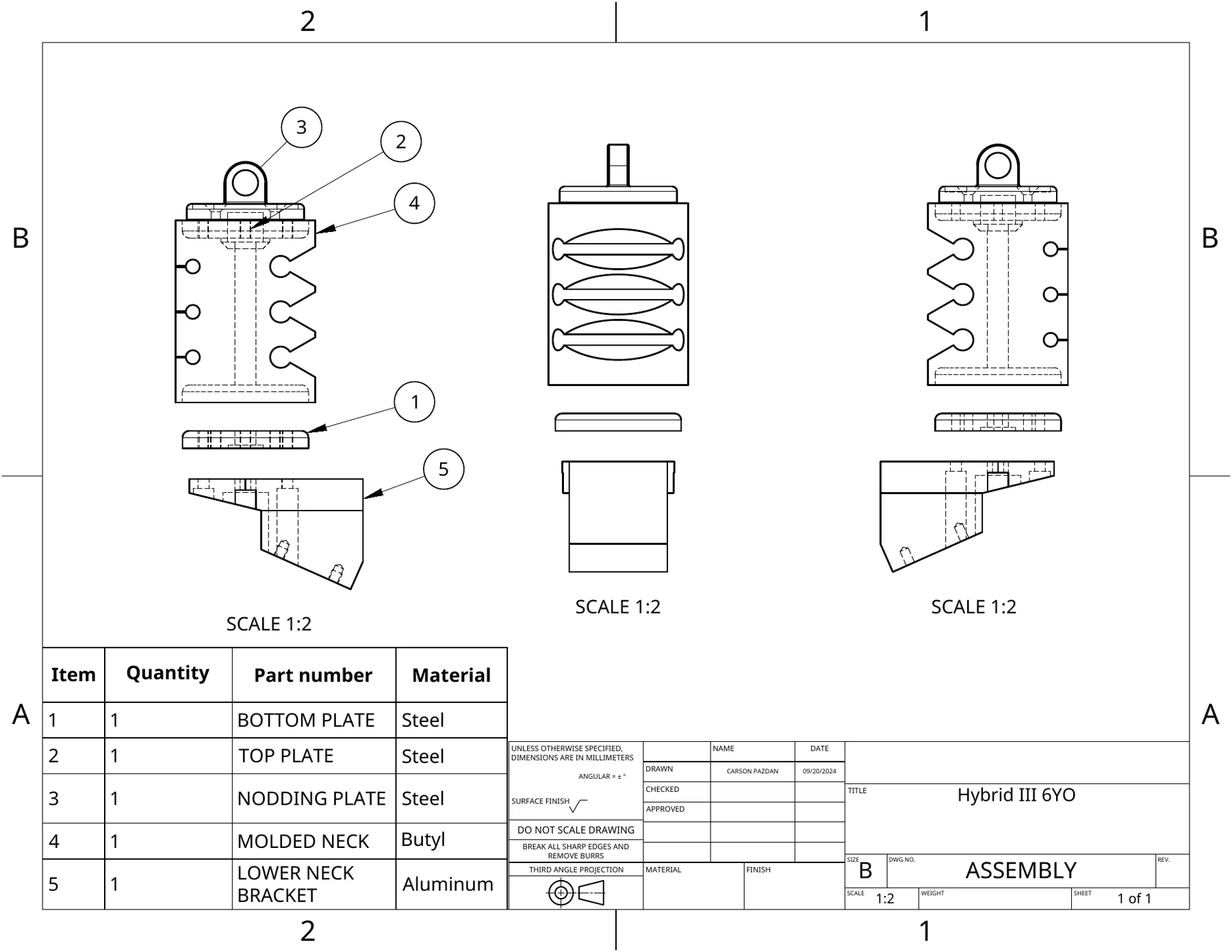 My CAD recreation of the Hybrid III 6-year-old neck assembly, with bill of materials