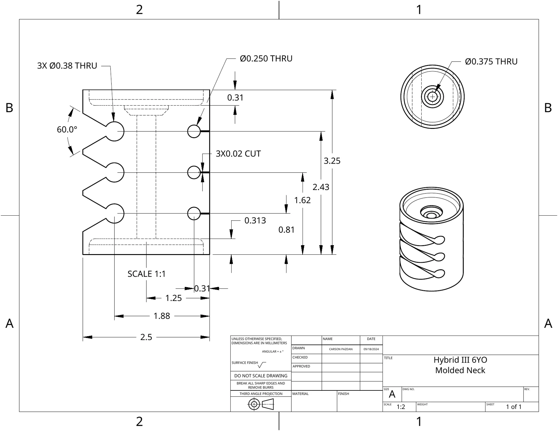 Part drawings: molded butyl neck, top plate, and nodding plate