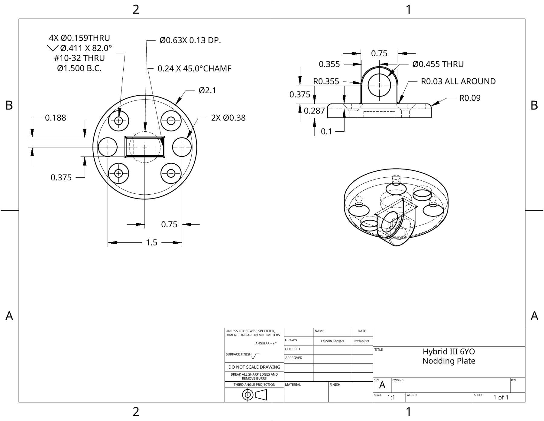 Part drawings: molded butyl neck, top plate, and nodding plate