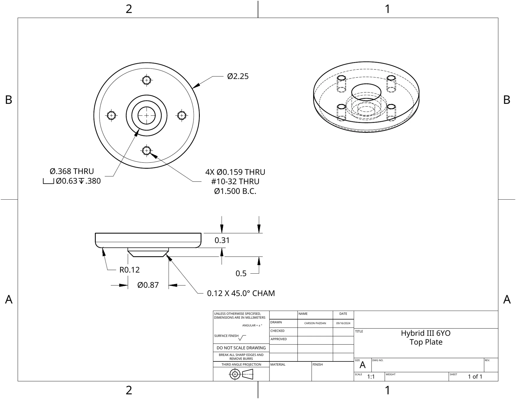 Part drawings: molded butyl neck, top plate, and nodding plate