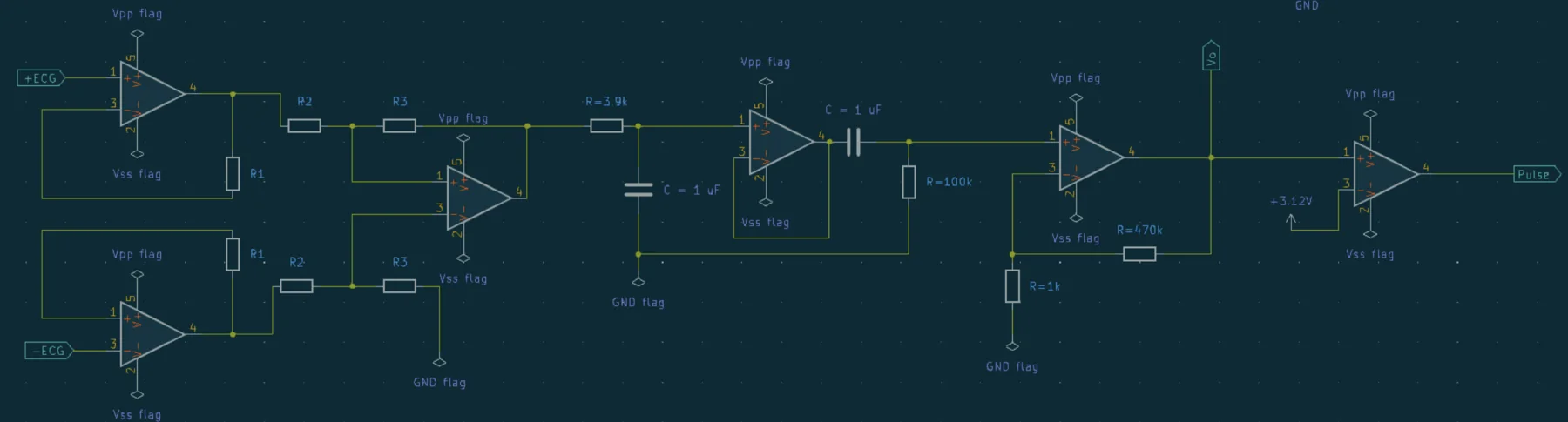 Sensing and processing chain: instrumentation amplifier, band-pass filter, gain stage, and a comparator that flags each R-wave